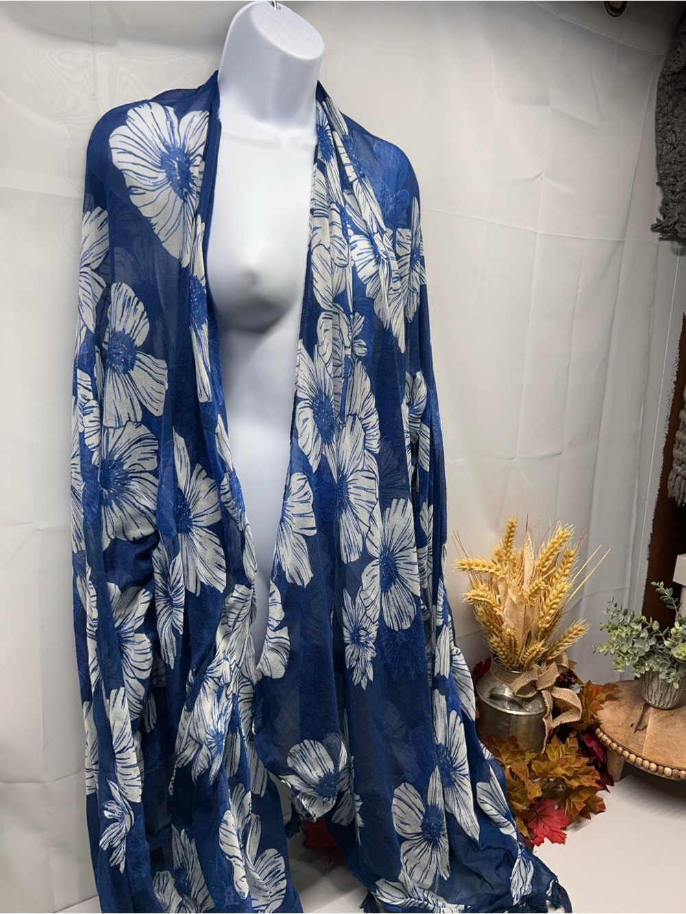 Navy Blue Floral Open-Front Draped Blouse